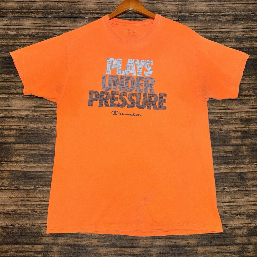 Champion Men's Orange "Plays Under Pressure" Graphic Logo Crew Neck T-Shirt L